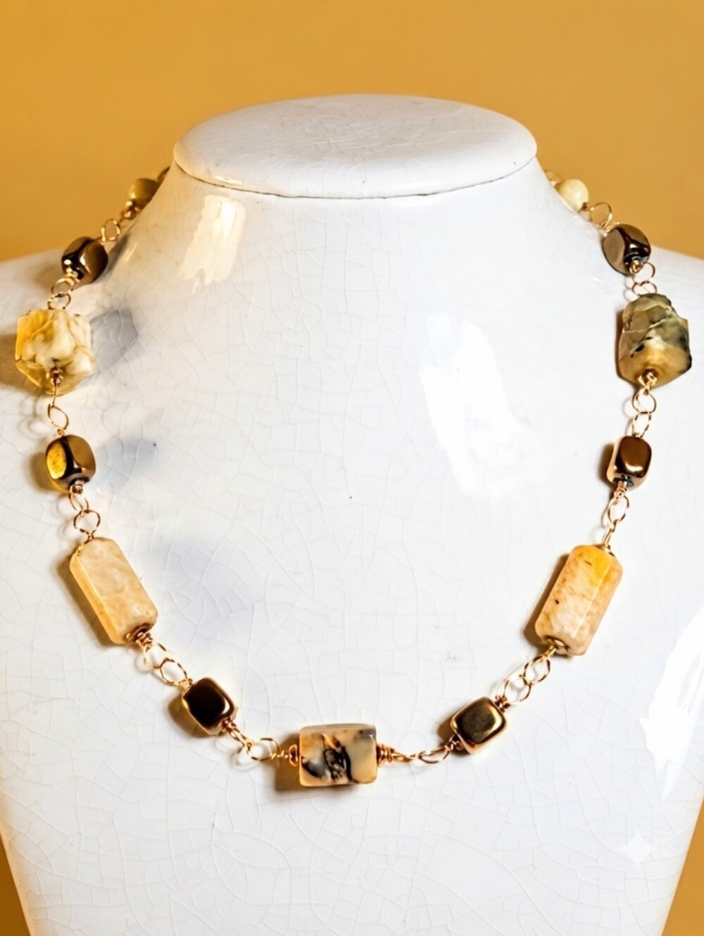 Genuine Honey Jade & Yellow Opal In Rosary Style Chunky Gold Plated Necklace